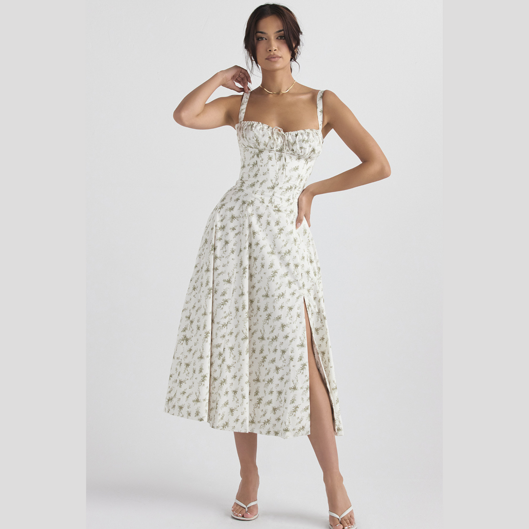 Beautiful women's floral print midi party dress with bustier style and chic heart neckline.