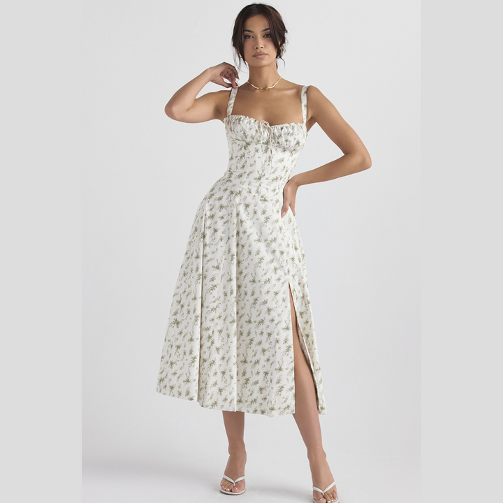 Beautiful women's floral print midi party dress with bustier style and chic heart neckline.