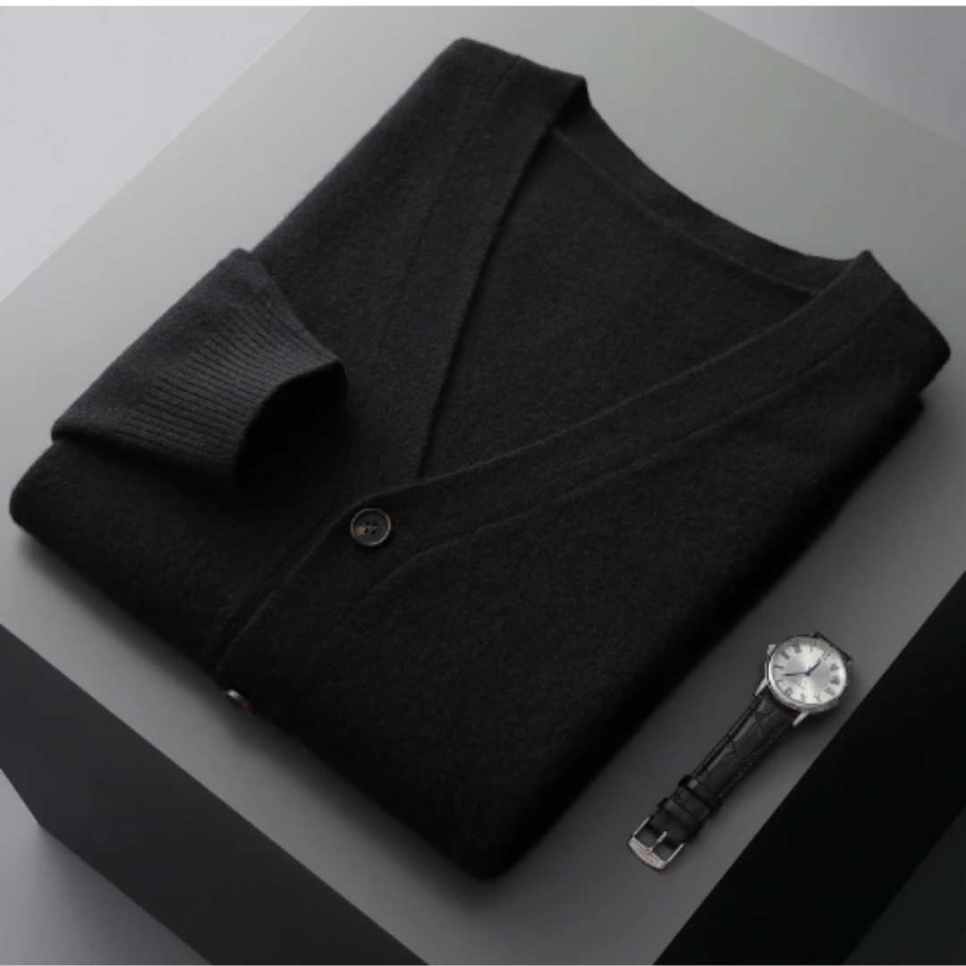 Men's long sleeve V-neck knit cardigan. Perfect for sophisticated layered casual style.