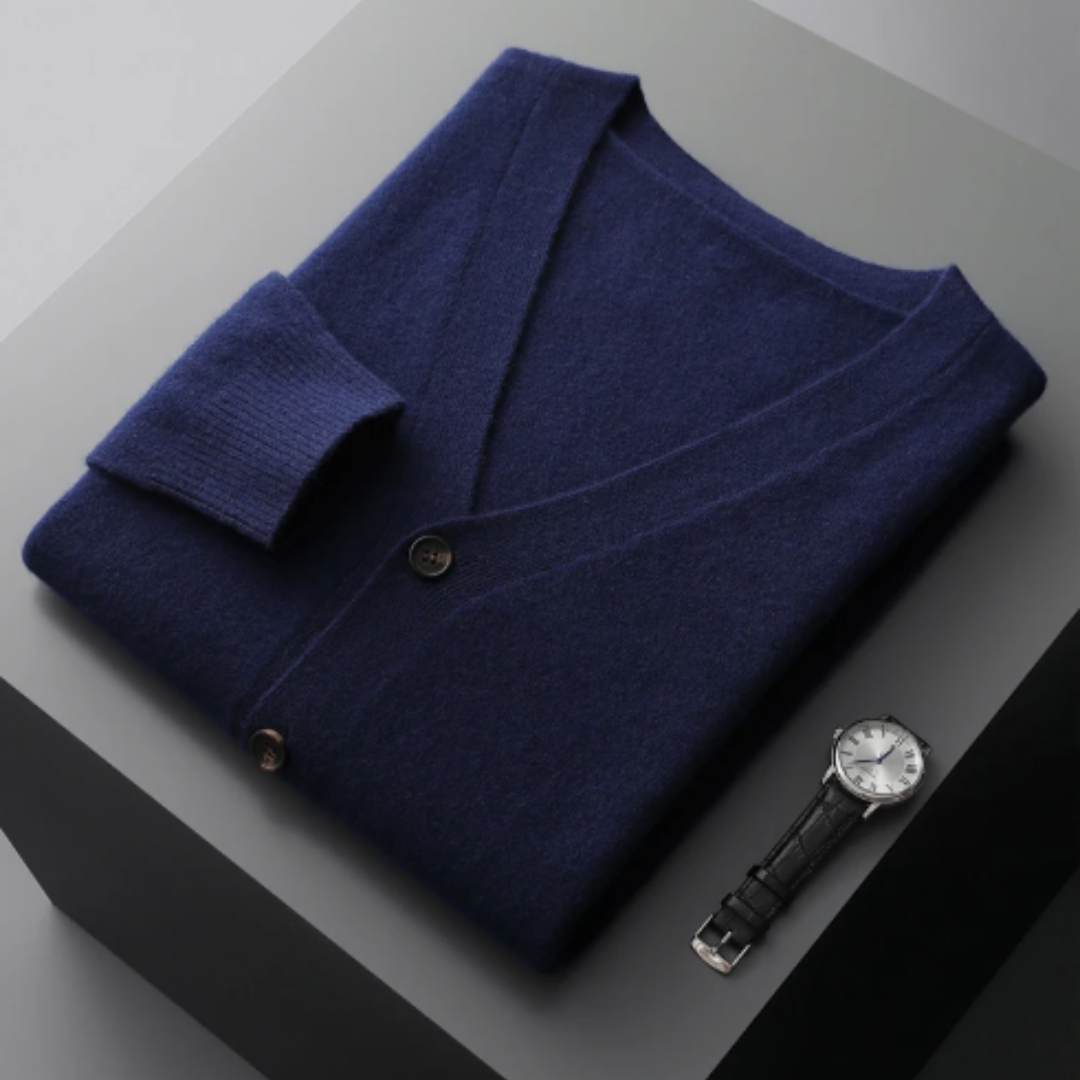 Men's long sleeve V-neck cardigan in a neutral tone, offering classic layered style.