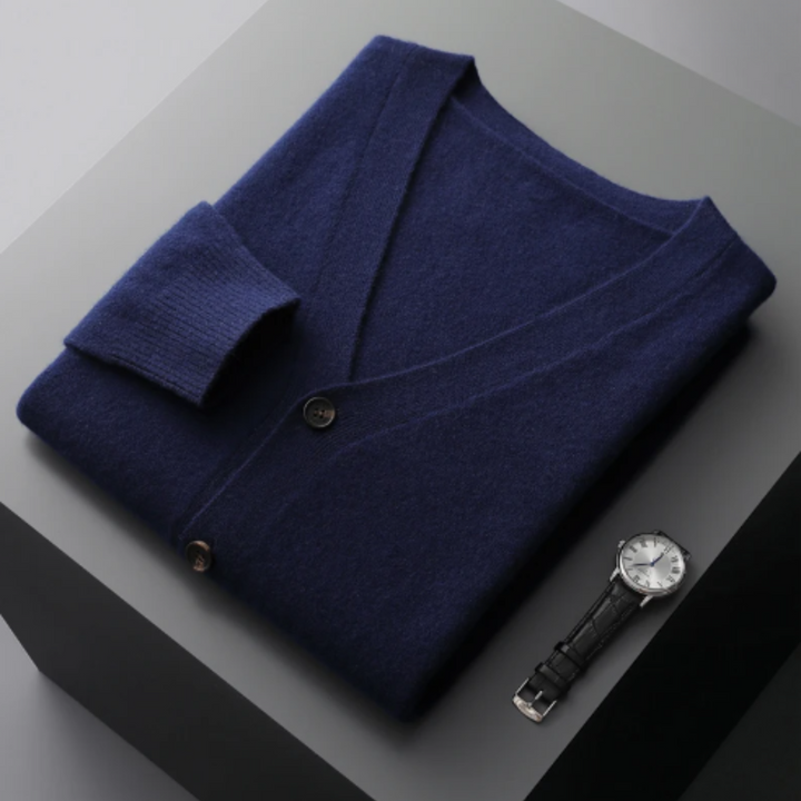 Men's long sleeve V-neck cardigan in a neutral tone, offering classic layered style.