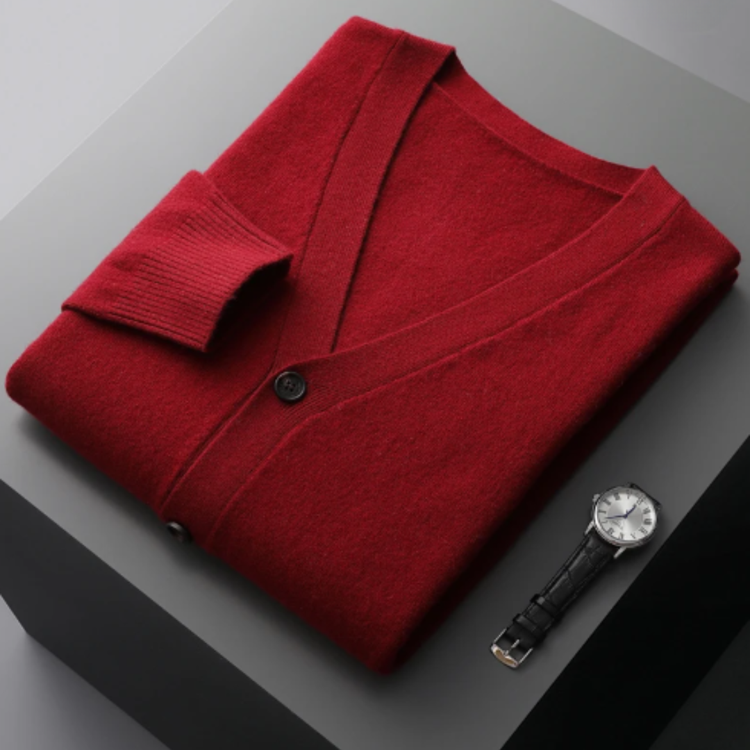 Button-front men's V-neck cardigan sweater, a timeless piece for everyday layering.