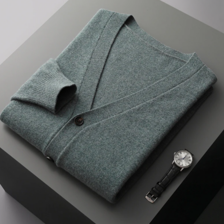 Stylish men's classic V-neck cardigan, great for layering over shirts. Fall/winter essential.