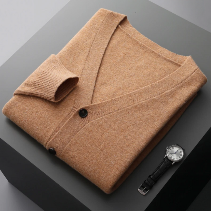 Classic men's V-neck cardigan in a solid color, offering warmth and versatile layering.