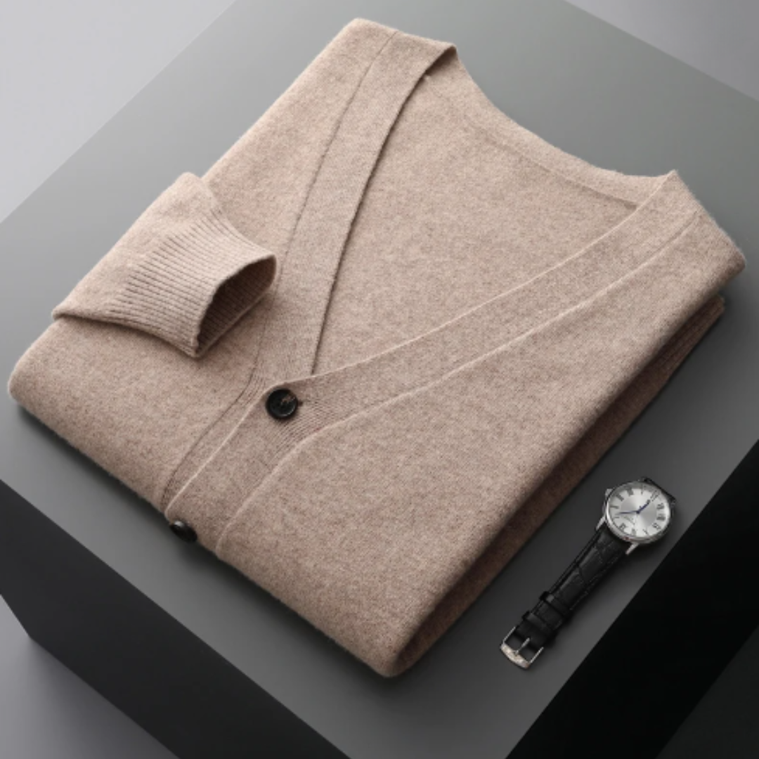 Classic men's V-neck cardigan, charcoal. Perfect for layered style & fall fashion.