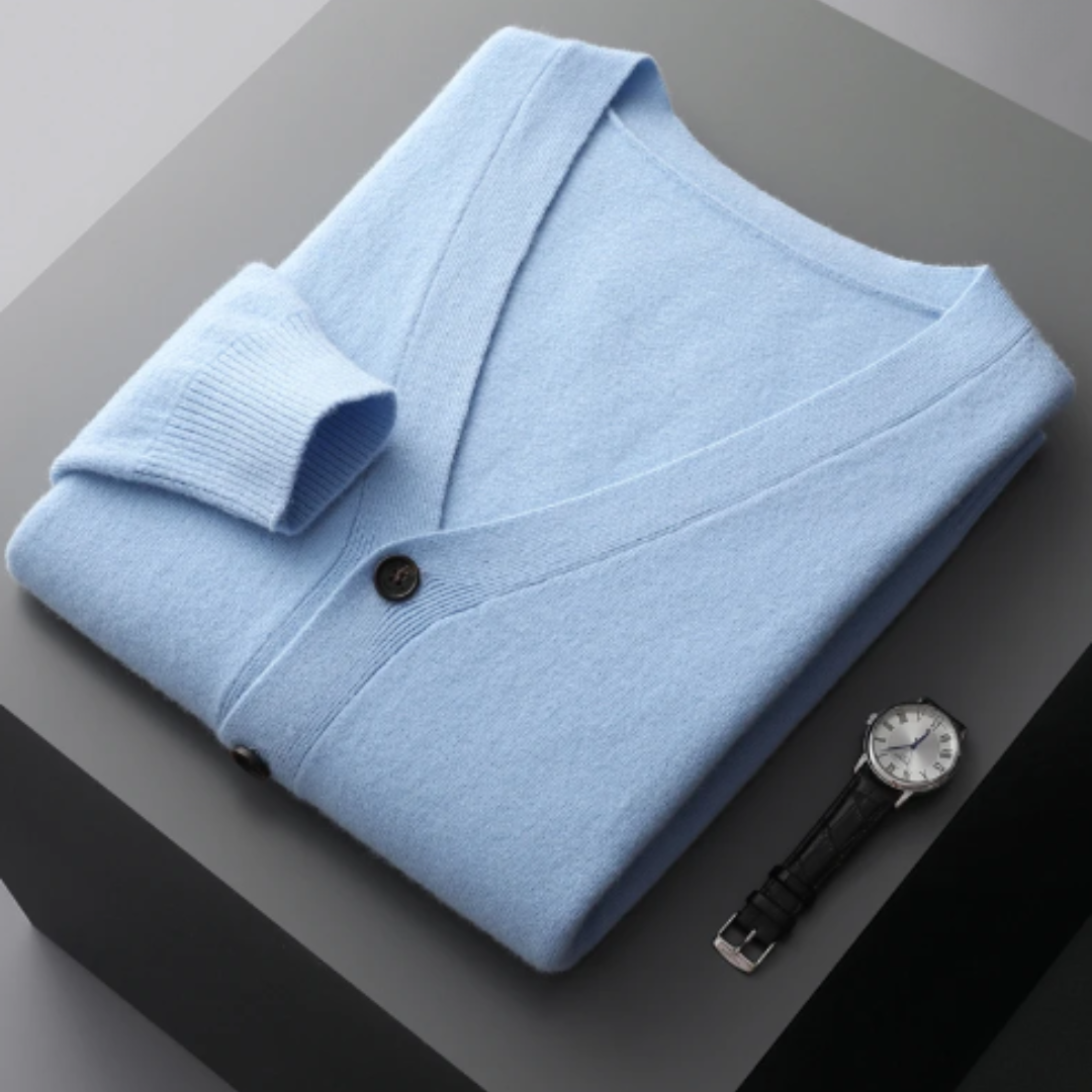 Essential men's V-neck cardigan for layered outfits. Button-up, soft knit, casual wear.