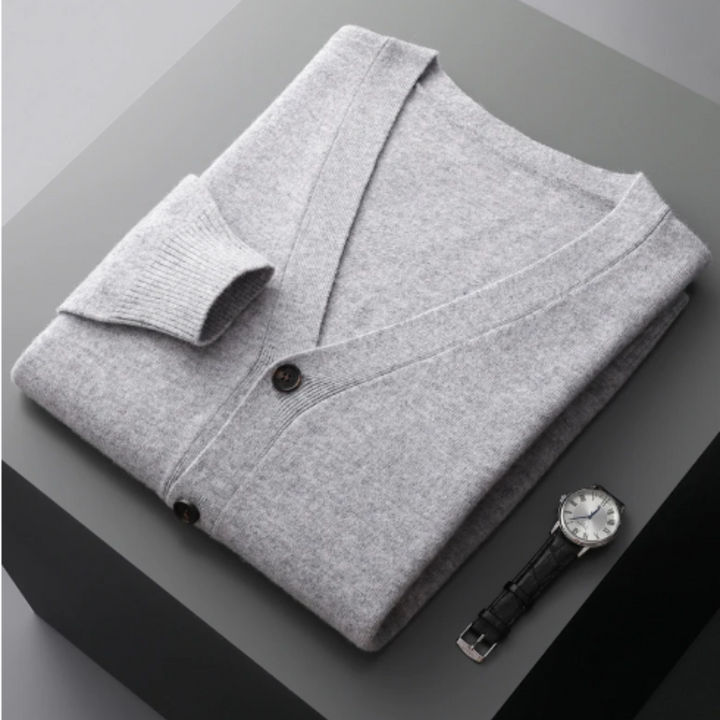 Comfortable men's V-neck button-up cardigan for versatile casual and smart layering.