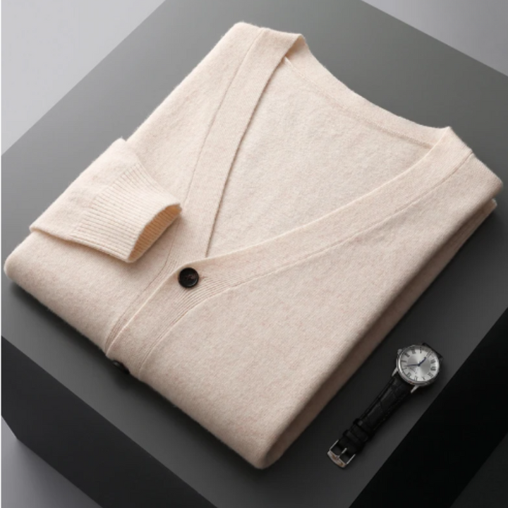 Versatile men's button-front V-neck cardigan. Ideal for casual or office wear, long sleeve.