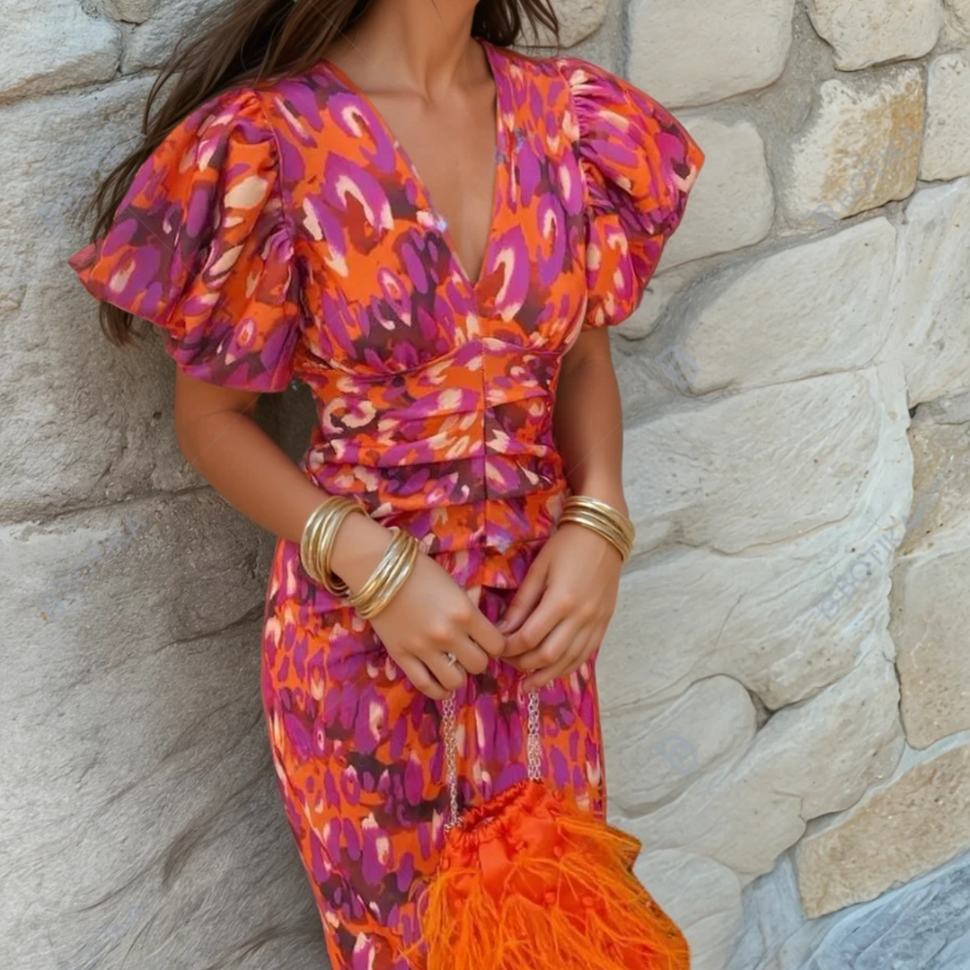 Vibrant women's fiesta dress with elegant puff sleeves and flattering V-neck, perfect for summer parties.