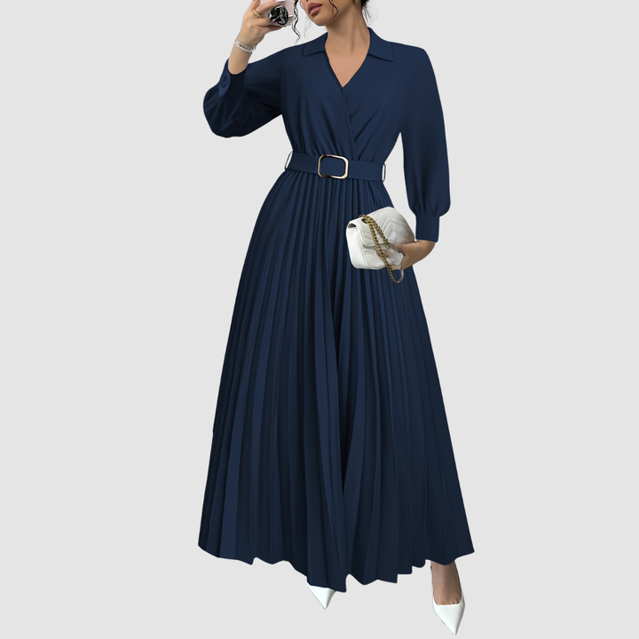 Sophisticated belted V-neck midi dress for women, featuring elegant pleats and long sleeves.