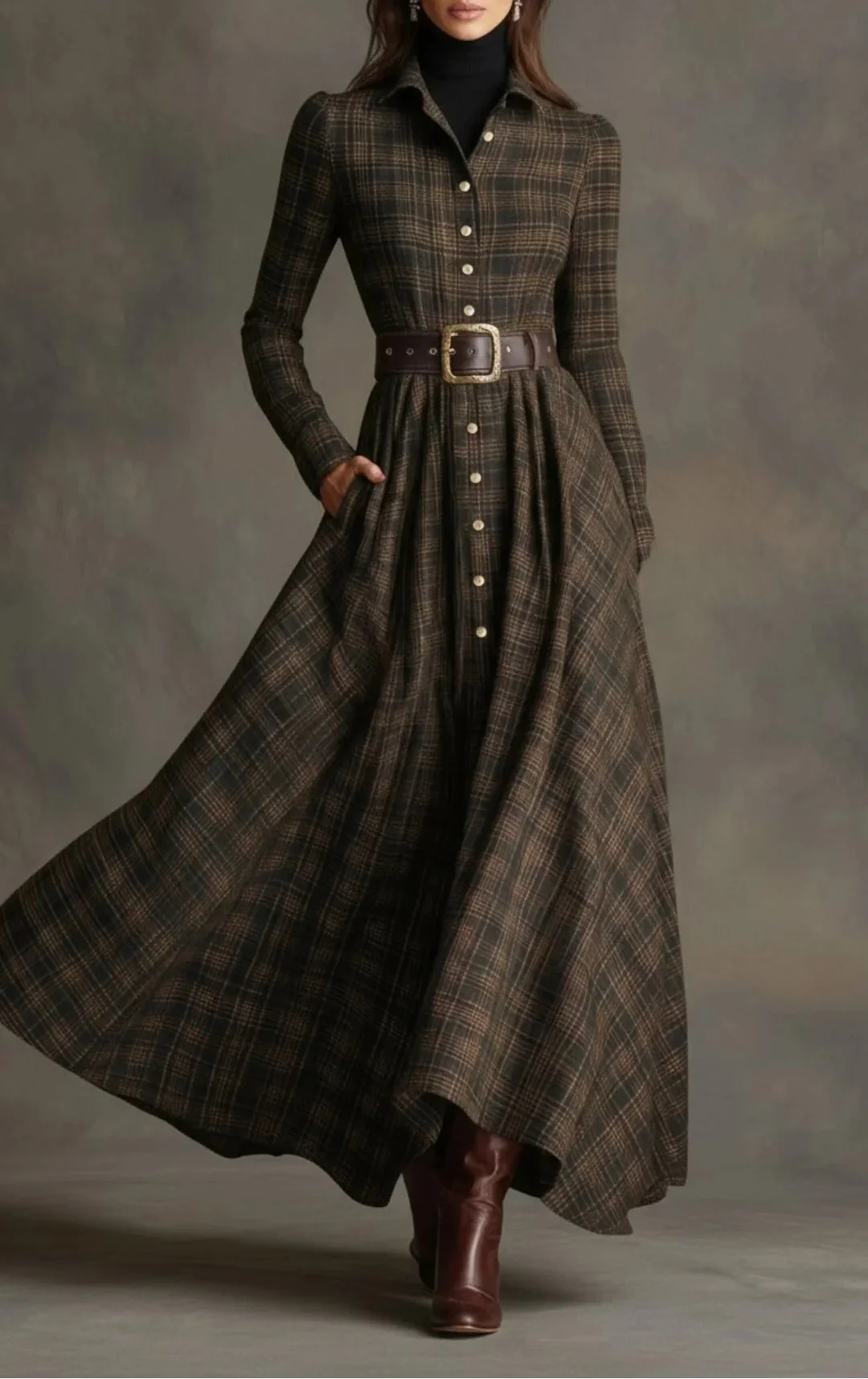 Women's plaid belted shirt dress, midi length, perfect for casual winter wear.