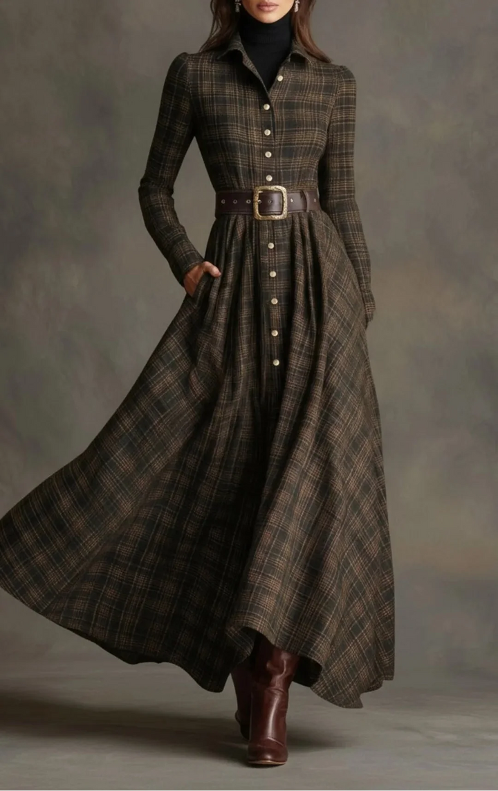 Women's plaid belted shirt dress, midi length, perfect for casual winter wear.