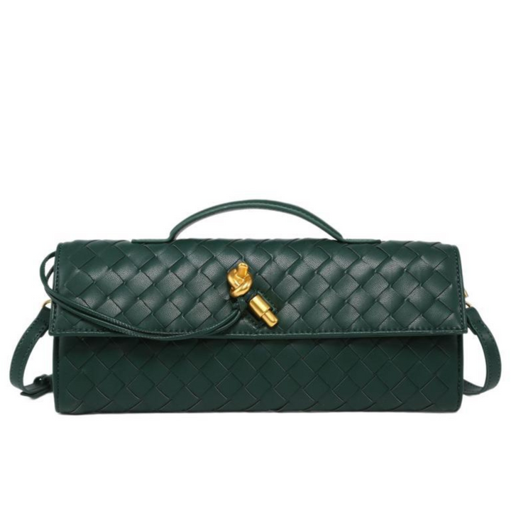 Women's clutch bag with unique knot closure, a chic woven accessory for parties.