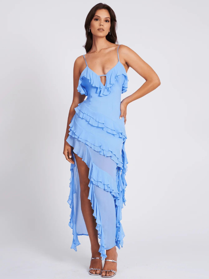 Stunning blue asymmetric flowy midi dress for women, featuring ruffle trim, ideal as a party or cocktail dress.