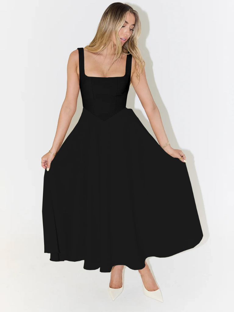 Flowy elegant midi dress, soft fabric for women's comfort & stylish relaxed fit.