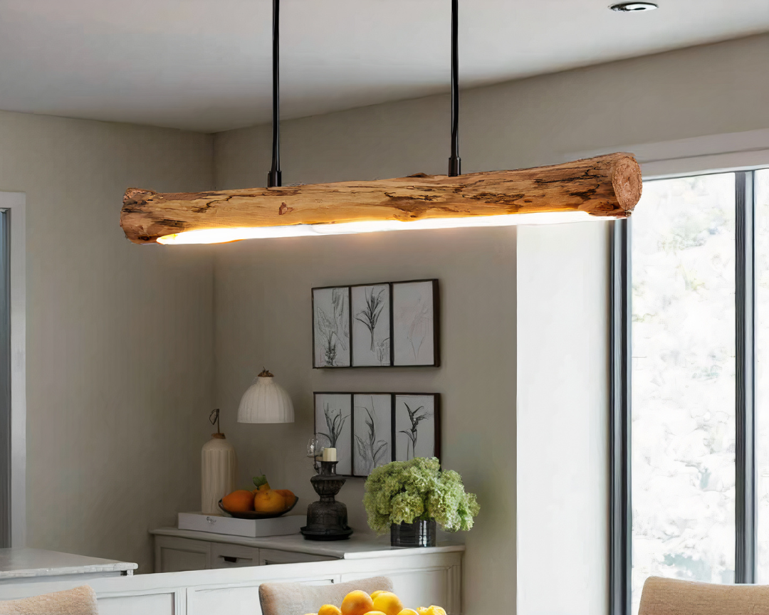 Modern wooden dimmable LED pendant lamp for dining table. Natural wood design, perfect for warm ambient lighting.