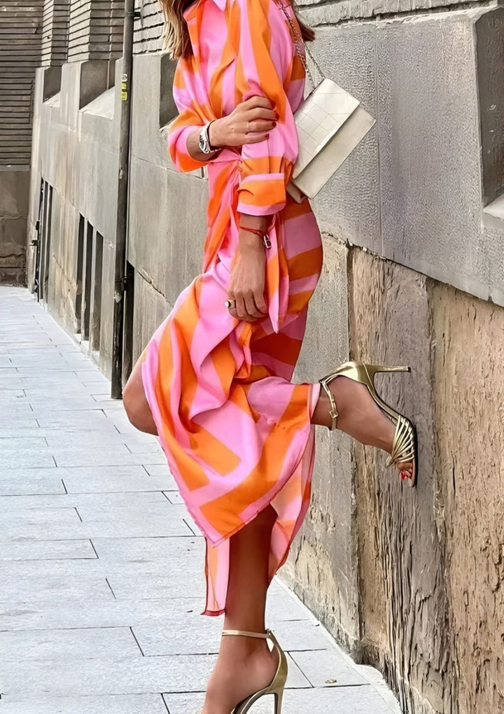Stylish women's striped wrap midi dress, comfortable, elegant, & perfect for office or casual.
