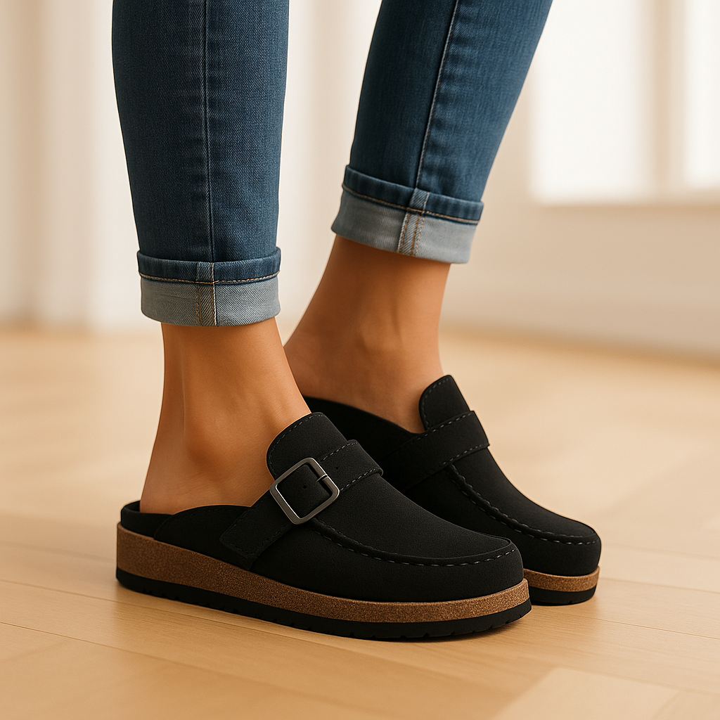 Casual women's buckle sandals with open heel & flat sole, ideal for summer comfort & everyday wear.