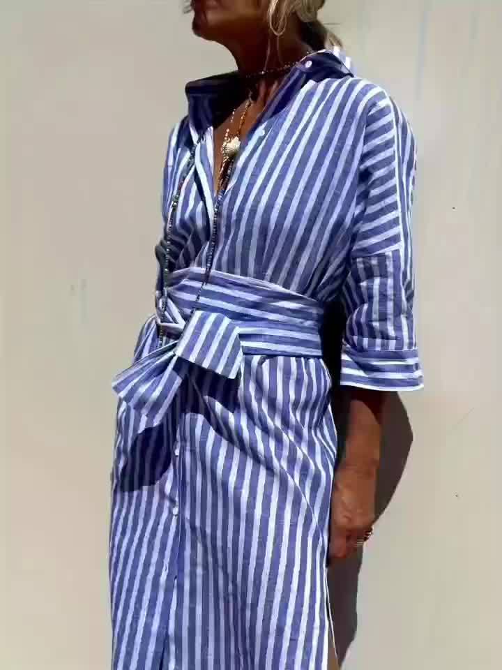 Smart casual women's striped button dress, suitable for work or weekend wear.