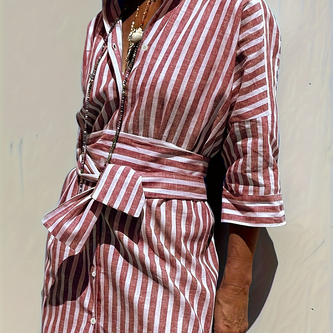 Everyday women's striped shirt dress, comfortable and stylish for all-day wear with a belt.