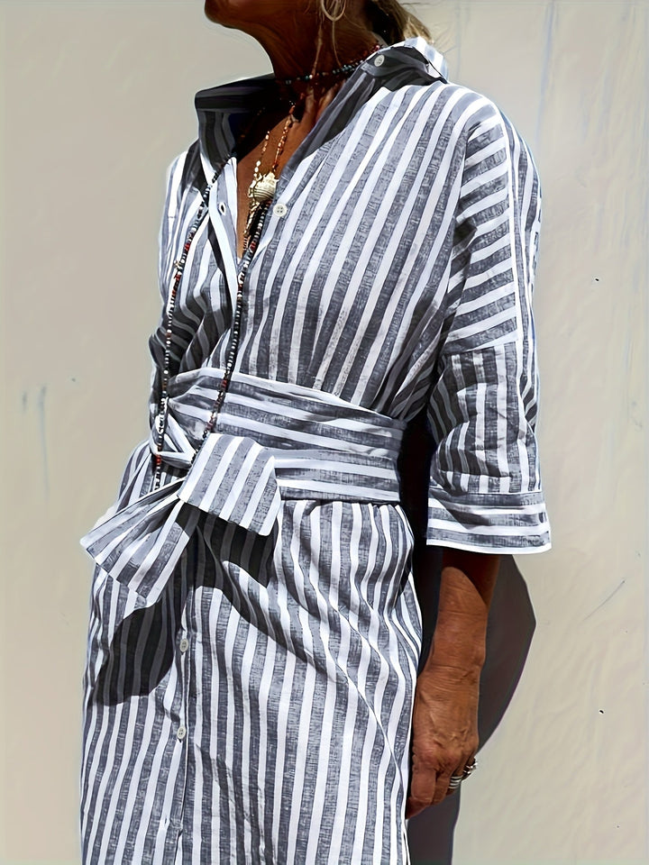 Versatile women's striped belted dress, ideal for everyday wear or a chic casual outing.