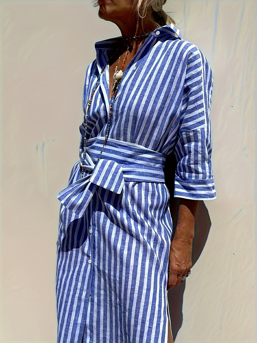 Women's striped button-down midi dress with belt, perfect for spring/summer casual style.