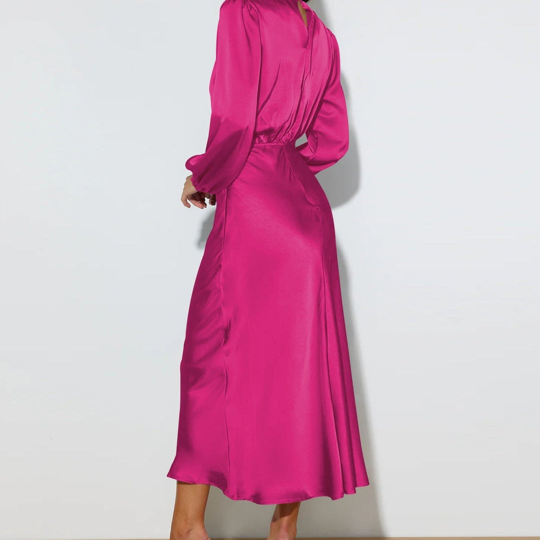 Stylish women's high neck midi dress with long sleeves, perfect for elegant party wear or formal attire.
