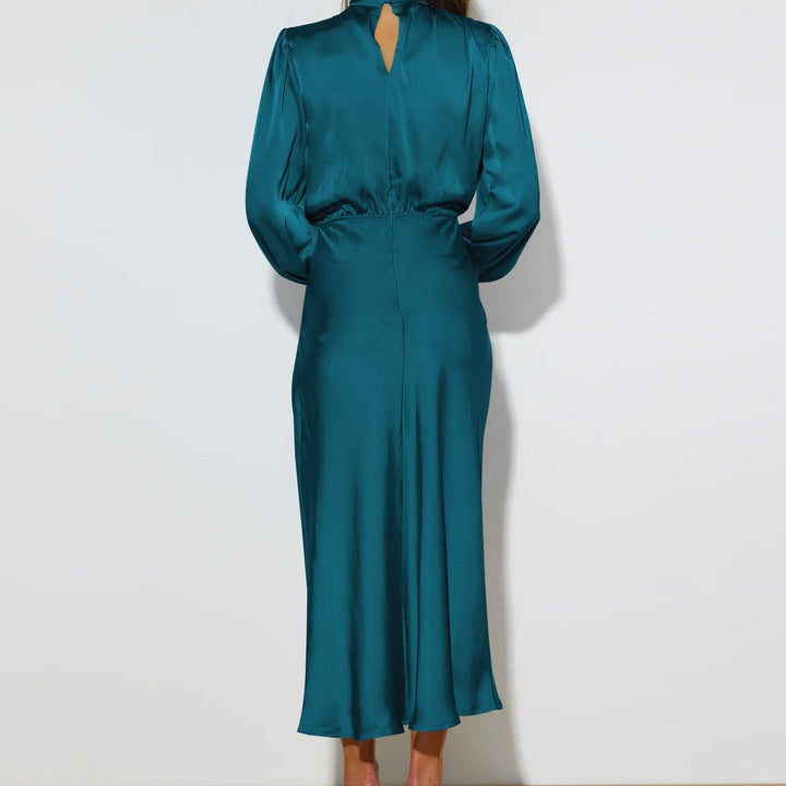 Chic women's midi dress with a high neck and long sleeves, ideal for parties & versatile formal styling.