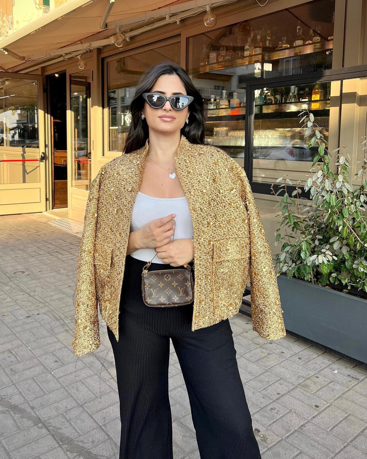 Women's metallic tailored jacket, elegant mid-season outerwear, perfect for modern style & evening wear.