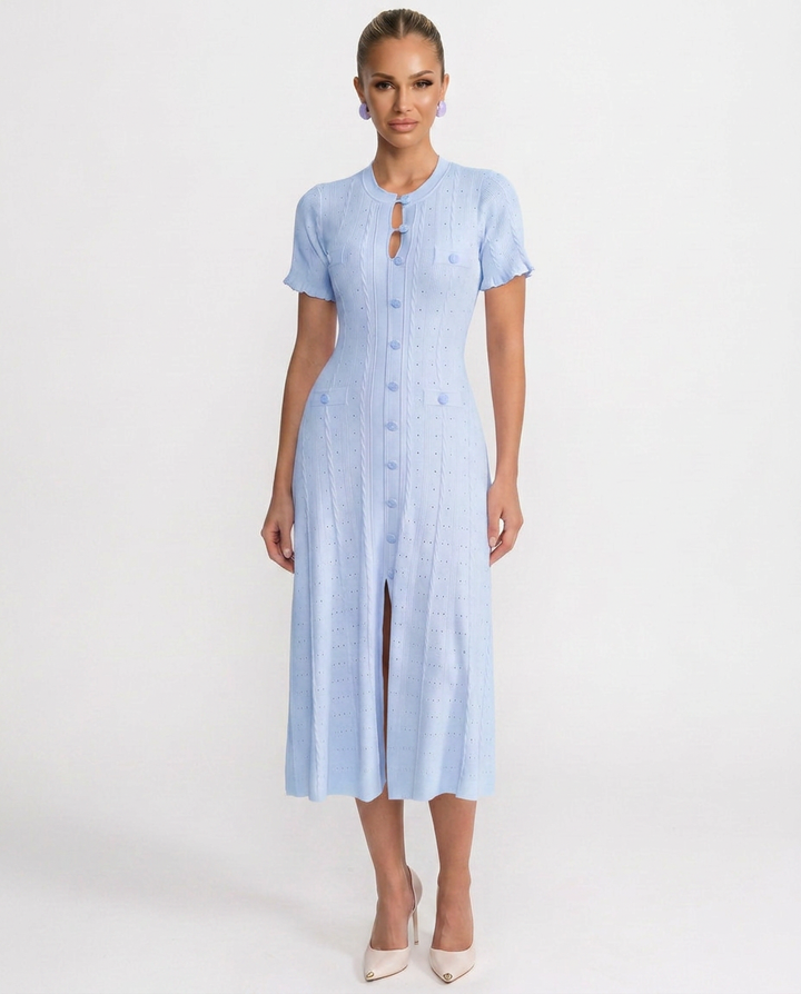Timeless women's elegant button-front midi dress, perfect for special occasions, sophisticated events & smart casual.