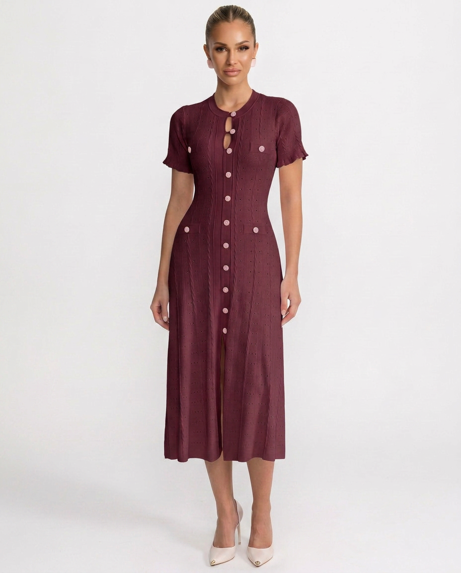 Feminine all-season button-front midi dress for women, versatile for special occasions, events & smart casual wear.