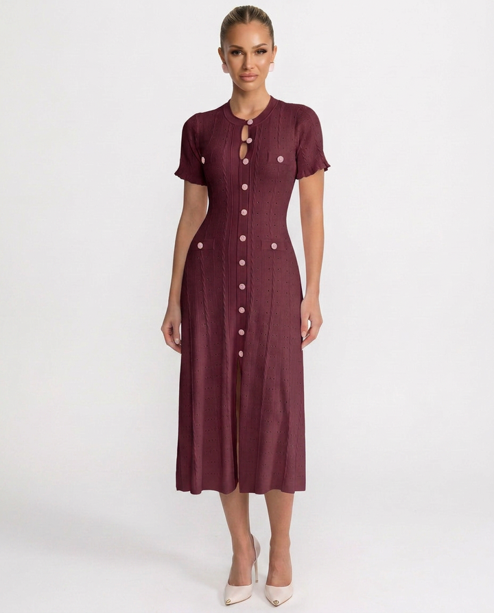 Feminine all-season button-front midi dress for women, versatile for special occasions, events & smart casual wear.