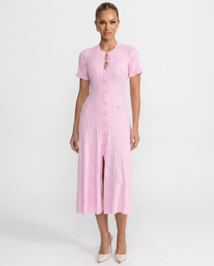 Women's elegant button-front midi dress, perfect for sophisticated special occasions & cocktail events.