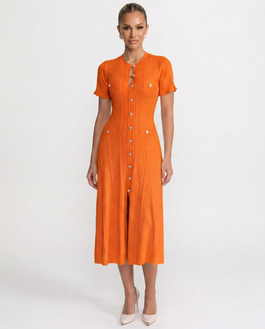 Versatile button-front midi dress for women, an elegant choice for all-season events, cocktail parties & smart casual.