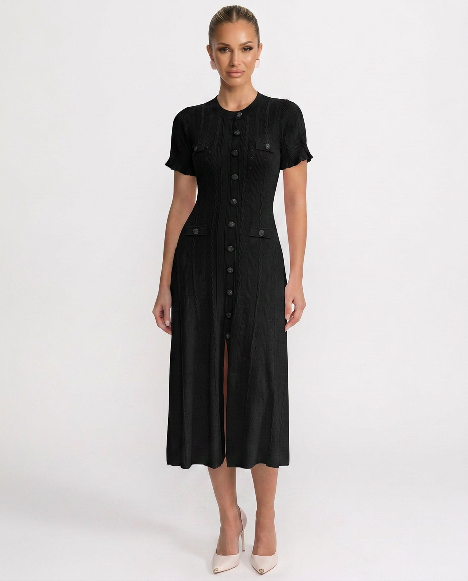 Chic smart casual button-front midi dress for women, offering versatile elegance for events & sophisticated wear.