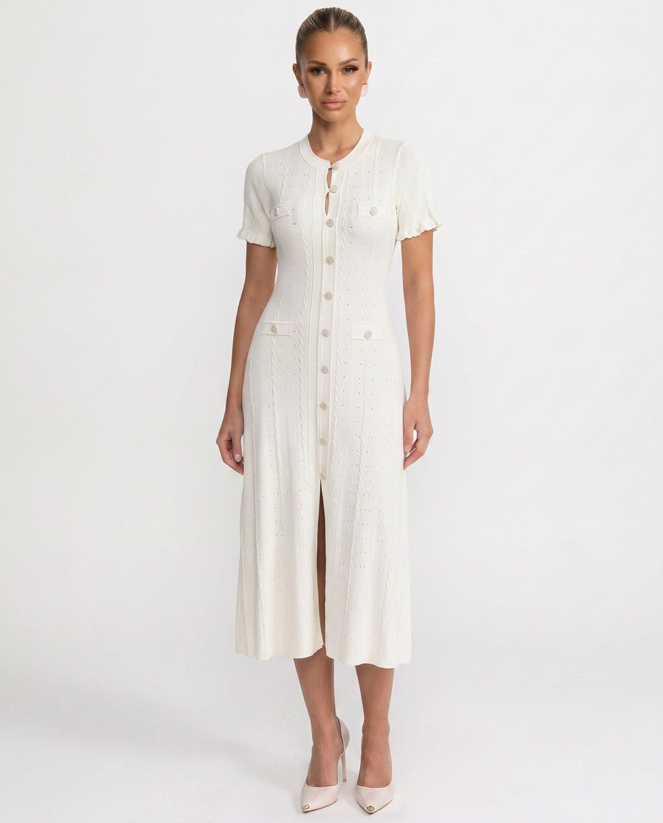 Elegant women's button-front midi dress, ideal for a refined special occasion look & sophisticated cocktail parties.