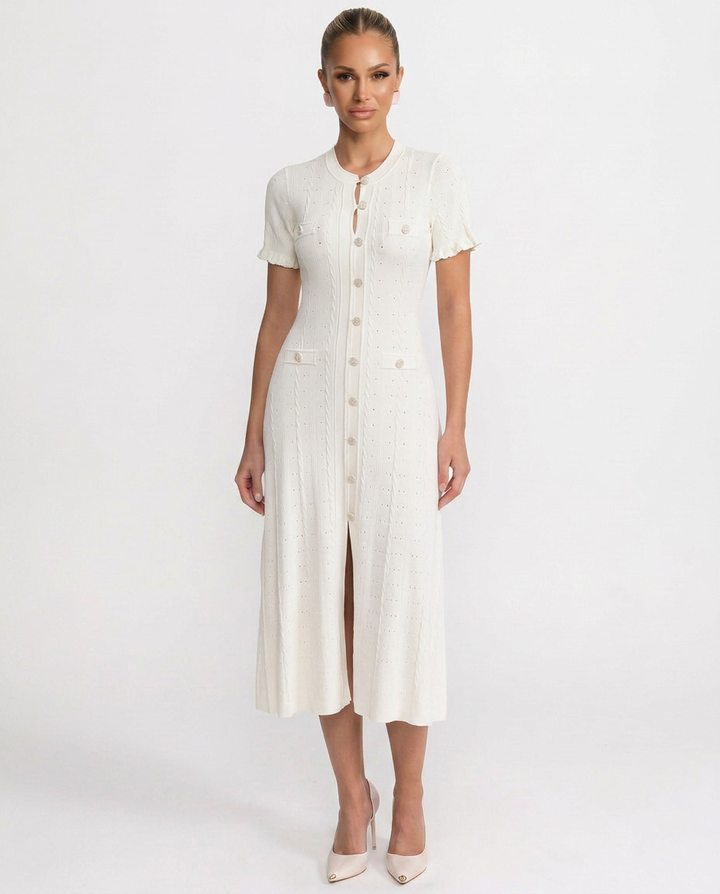 Elegant women's button-front midi dress, ideal for a refined special occasion look & sophisticated cocktail parties.