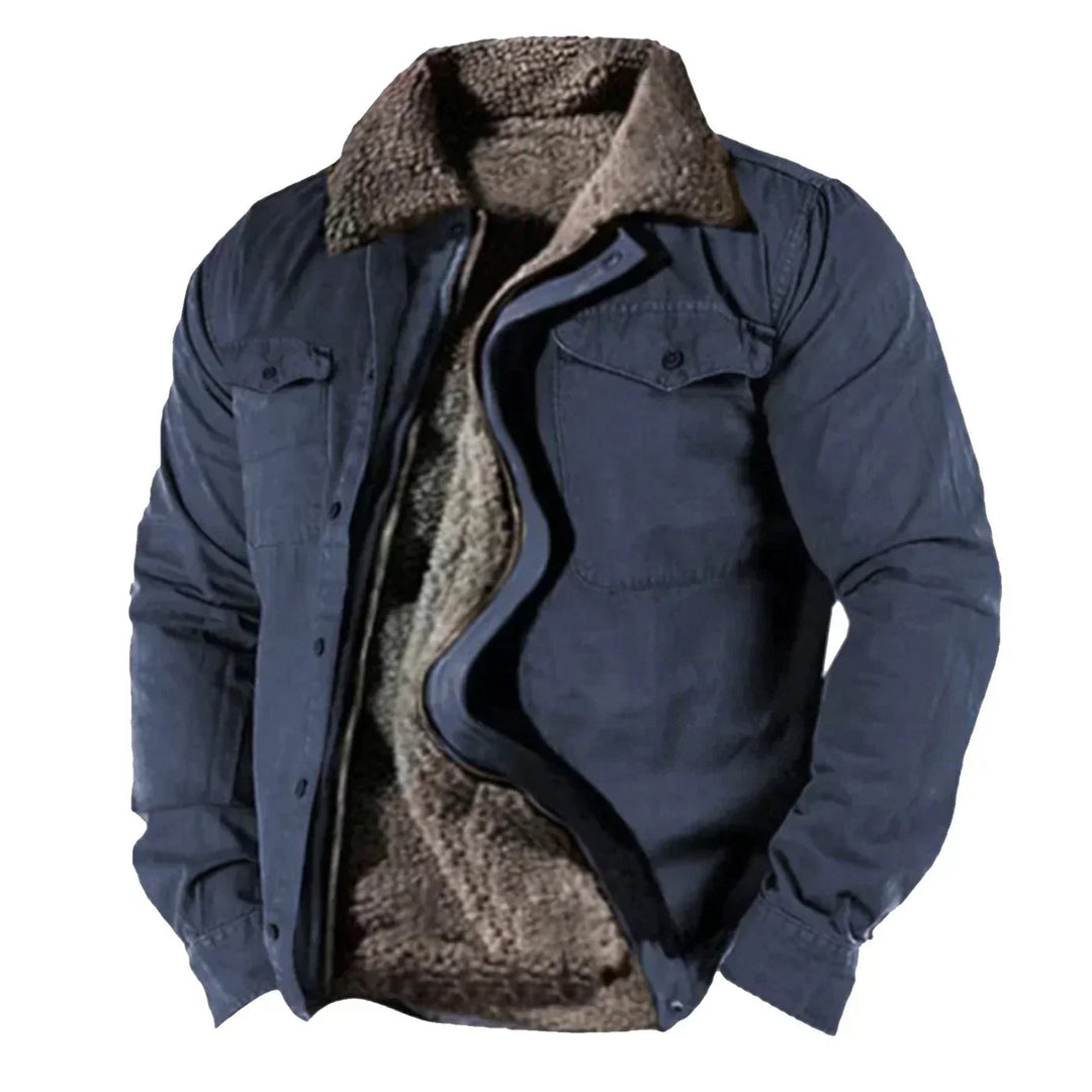 Blue men's sherpa collar shirt jacket, versatile relaxed fit. Perfect for men's casual winter fashion.