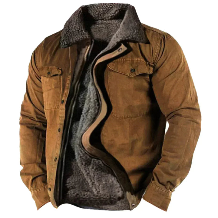 Men's brown sherpa collar shirt jacket, warm button-down outerwear. Ideal for winter casual wear & layering.