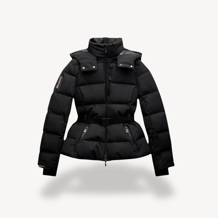 Women's black belted puffer jacket, stylish & warm winter coat for cold weather outerwear.