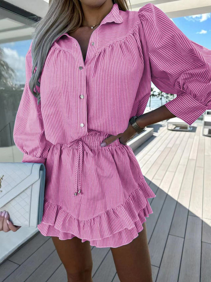 Comfortable women's two-piece shorts & long sleeve top set for relaxed holiday vibes, casual spring & summer wear.