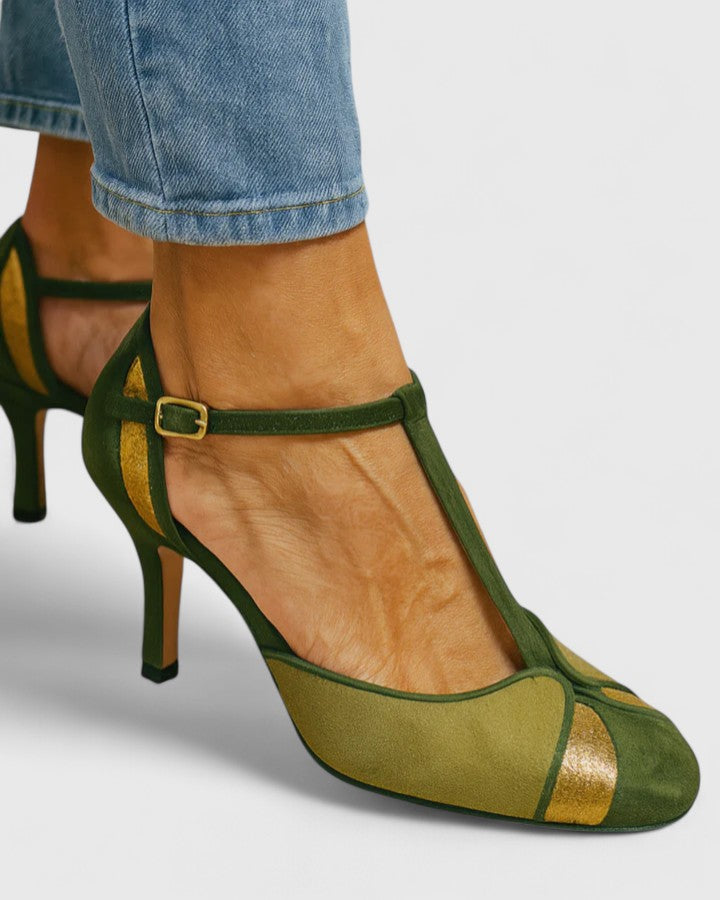 Sophisticated green open-toe block heels for women, featuring a secure ankle strap, ideal for confident style & dress shoes.