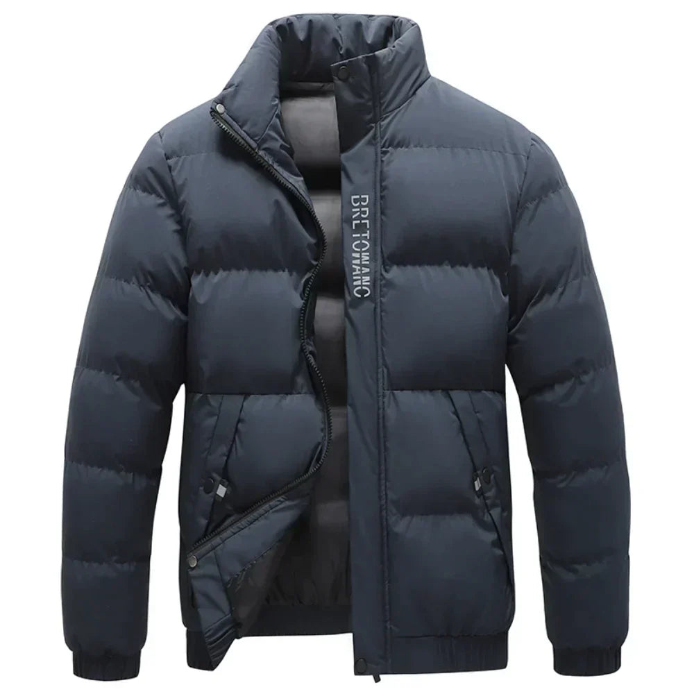 Men's stylish quilted puffer jacket with zip front and stand collar for warm winter casual wear.