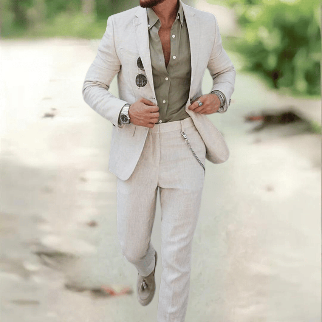 Close-up of elegant women's suit fabric & detailing. Luxurious two-piece blazer & pants set for formal wear.