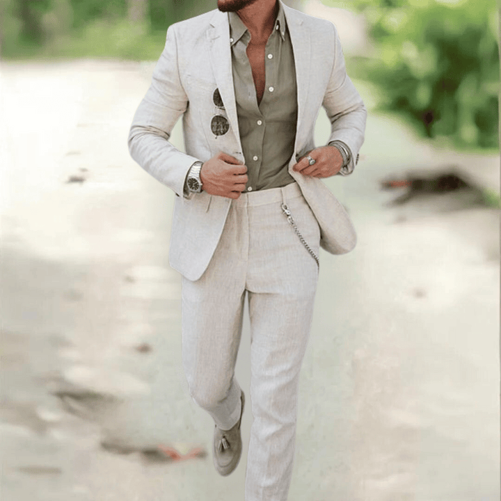 Close-up of elegant women's suit fabric & detailing. Luxurious two-piece blazer & pants set for formal wear.