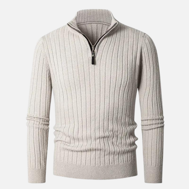 Men's quarter zip slim fit sweater with stand collar, ideal for modern layering fashion.