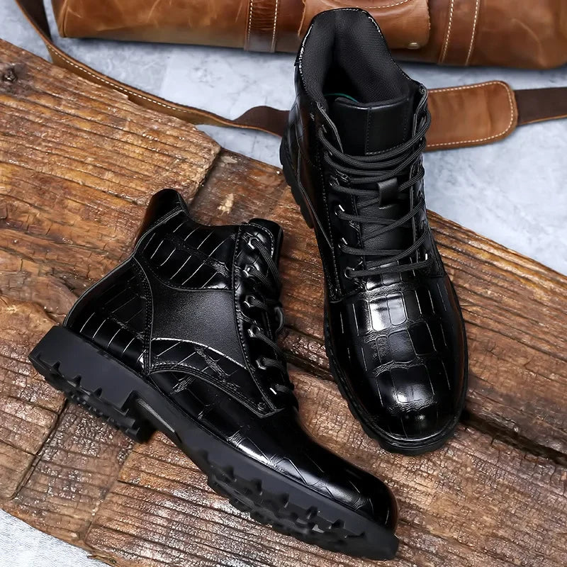 Durable men's lace-up ankle boots, featuring an eye-catching alligator embossed design and rugged traction outsole.