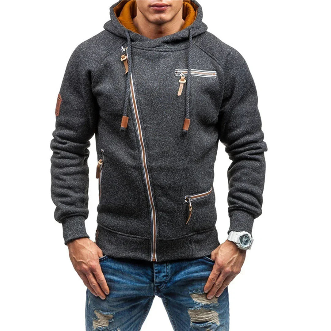 Stylish men's hooded top, a comfy wear essential for activewear or daily casual fashion, with pockets.