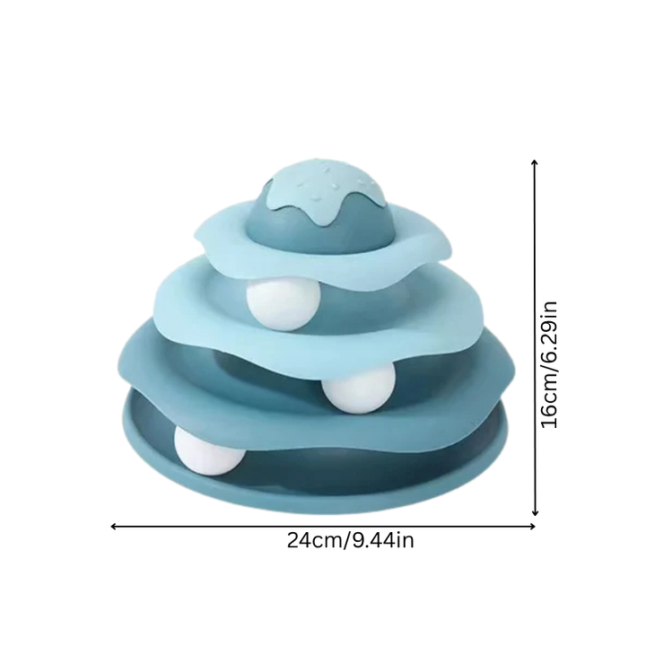 Interactive PawTornado spinning tower cat toy with track for playful indoor cats.
