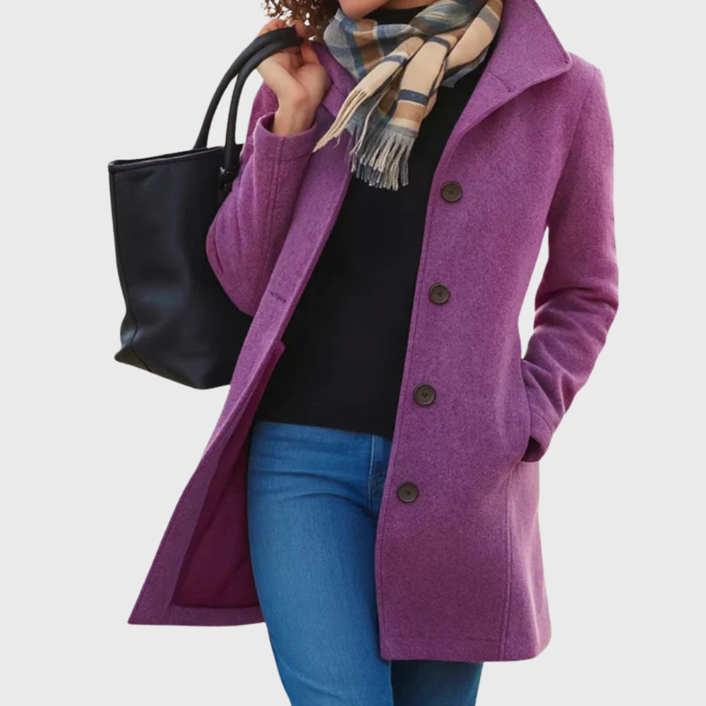 Classic women's structured longline coat with button-front, ideal for chic fall & winter fashion.